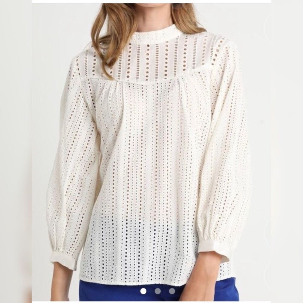 Banana Republic White Eyelet Mock Neck Peasant Prairie 100%‎ Cotton Blouse XSP